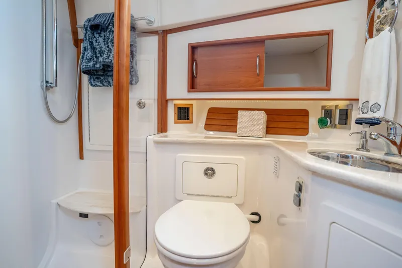 Slide: The Image of Luxurious bathroom interior of 2016 Sabre 48 Salon Express yacht with modern fixtures. - 40
