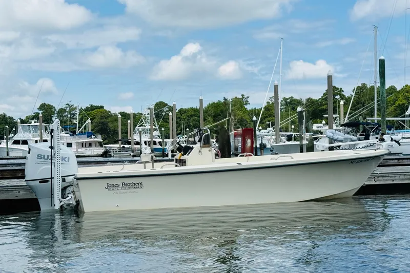 Slide: The Image of Jones Brothers Cape Fisherman 1910 boat docked at marina, 2000 model, with Suzuki engine. - 3