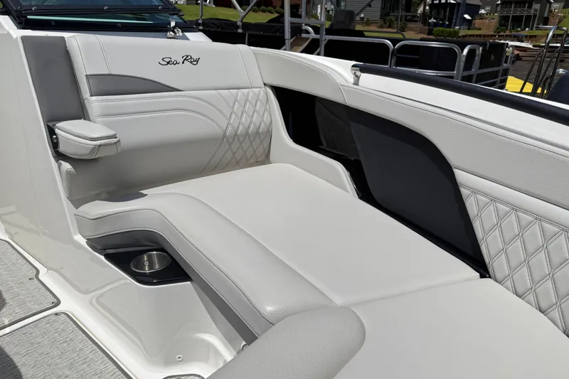 Slide: The Image of Luxurious seating on 2025 Sea Ray SLX 280 boat, featuring elegant design and comfort. - 22