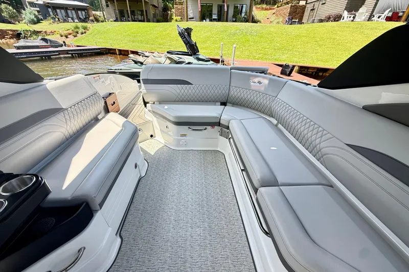 Slide: The Image of Luxurious interior of 2025 Sea Ray SLX 280 boat with elegant seating and modern design. - 25