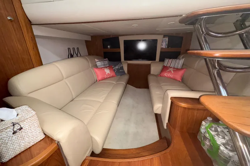 Slide: The Image of Luxurious interior of 2012 Tiara Yachts 3900 Sovran with beige leather seating and modern decor. - 37
