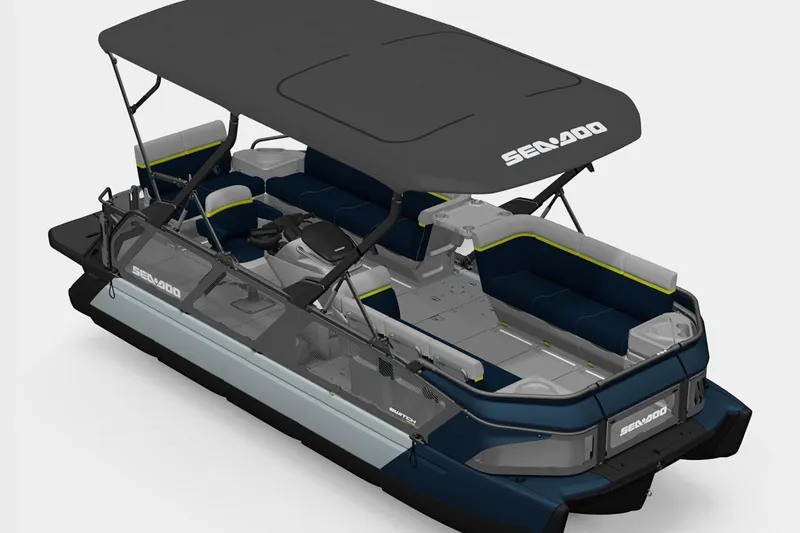 Slide: The Image of 2026 Sea-Doo Switch Cruise Limited 21 pontoon boat with canopy and spacious seating. - 4