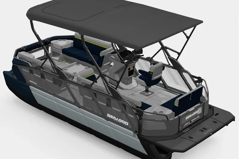 Slide: The Image of 2026 Sea-Doo Switch Cruise Limited 21 pontoon boat with canopy and modern seating. - 3
