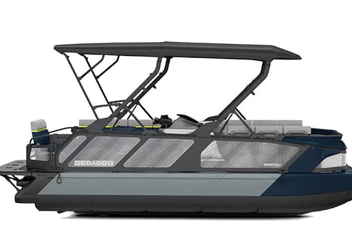 Slide: The Image of 2026 Sea-Doo Switch Cruise Limited 21 pontoon boat with canopy and modern design. - 5