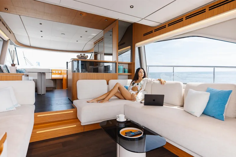 Slide: The Image of Luxurious interior of 2025 Ferretti Yachts 670 with modern design and ocean view. - 7