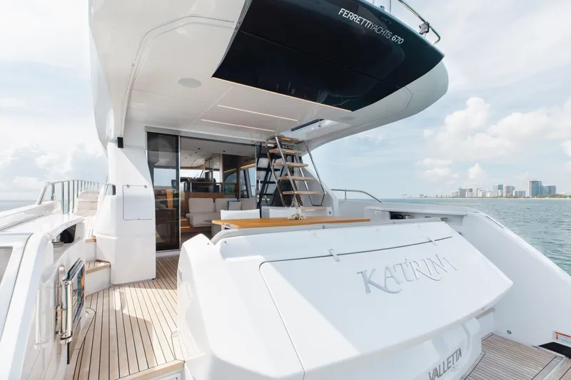 Slide: The Image of Luxurious 2025 Ferretti Yachts 670 with elegant deck and modern interior design. - 3