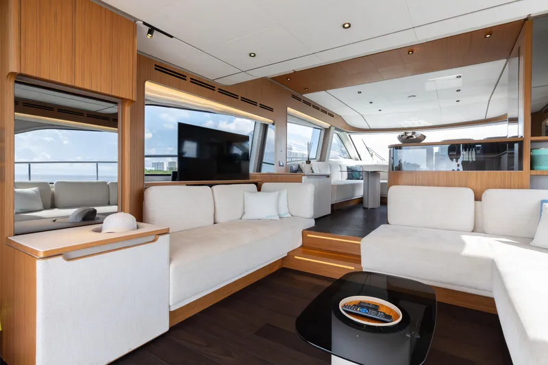 Slide: The Image of Luxurious interior of 2025 Ferretti Yachts 670, featuring modern design and spacious seating. - 8
