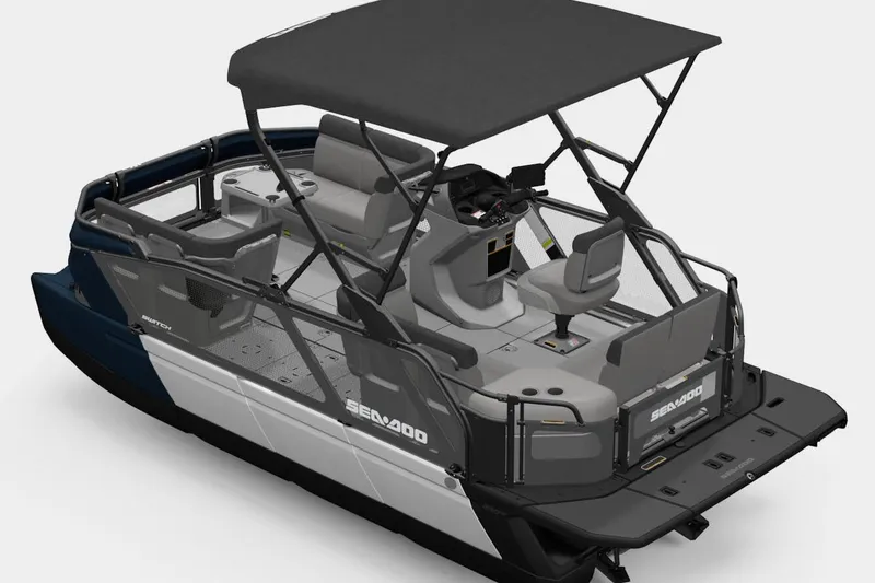Slide: The Image of 2026 Sea-Doo Switch Cruise 18 pontoon boat with sleek design and spacious seating. - 3