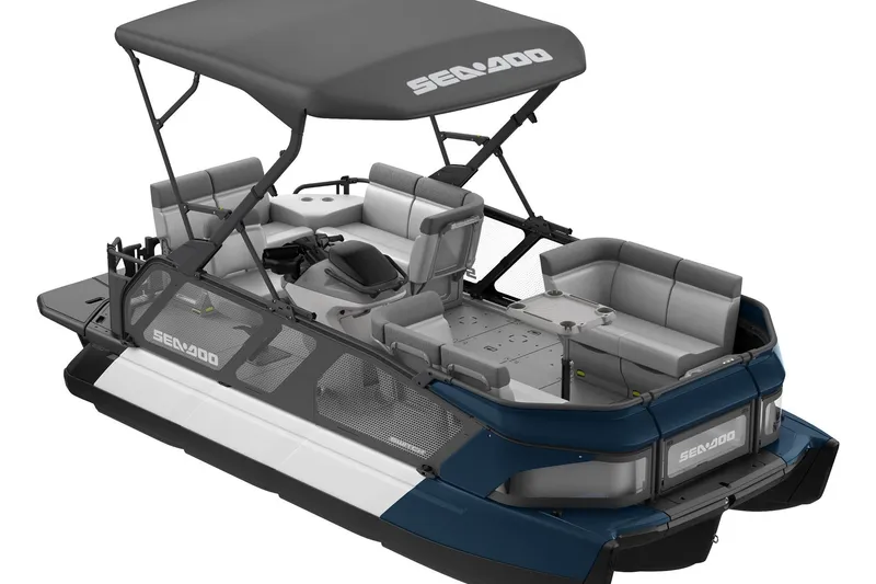 Slide: The Image of 2026 Sea-Doo Switch Cruise 18 pontoon boat with canopy and seating. - 4