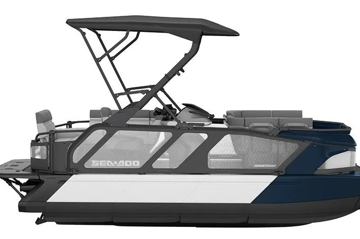 Slide: The Image of 2026 Sea-Doo Switch Cruise 18 pontoon boat with canopy, side view. - 5