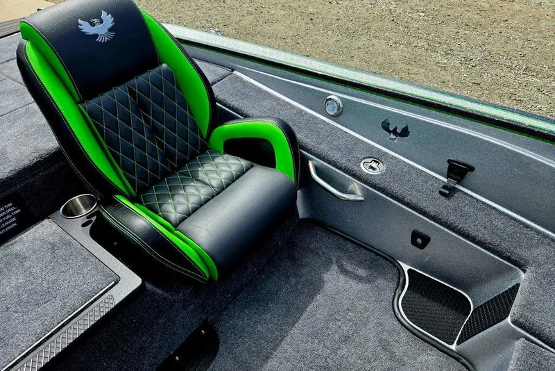 Slide: The Image of Luxurious interior of 2027 Phoenix 721 ZXL boat with green and black seating. - 72