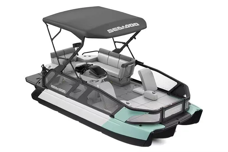 Slide: The Image of Manufacturer Provided Image: 2026 Sea-Doo Switch Sport Compact pontoon boat with canopy and seating. - 1