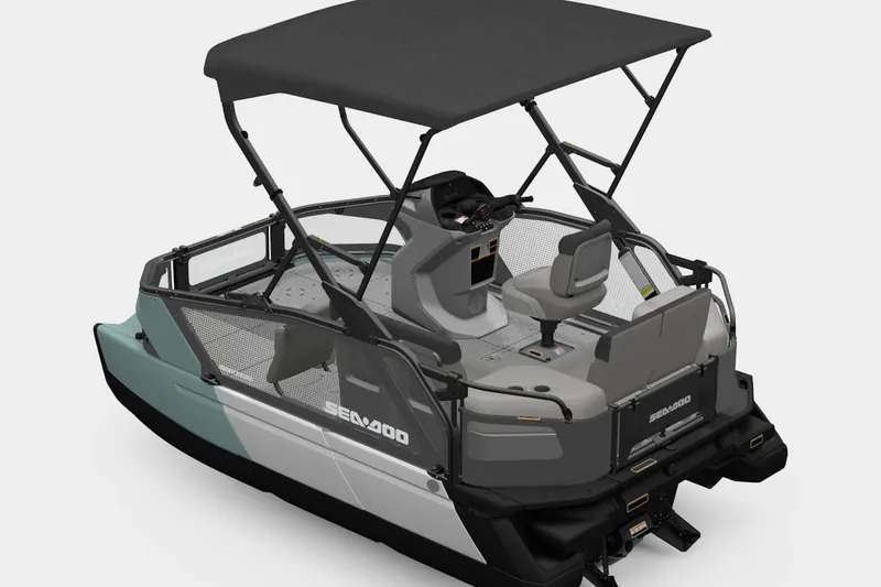 Slide: The Image of 2026 Sea-Doo Switch Sport Compact pontoon boat with canopy and seating. - 5