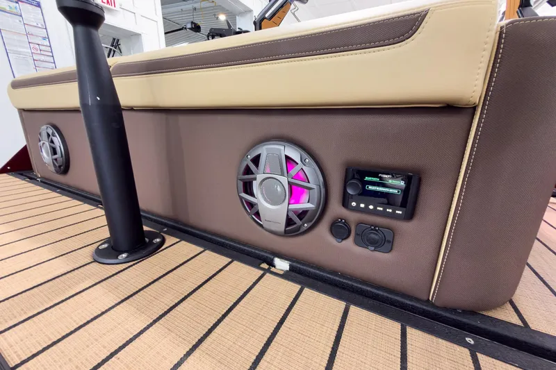 Slide: The Image of Interior of 2026 Montara Surf Boss EVO - SL 25' with speakers and control panel. - 28