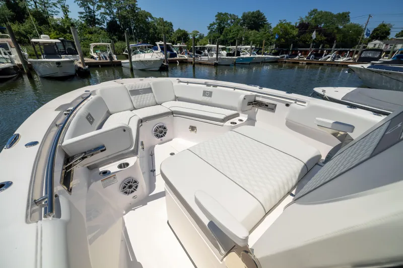 Slide: The Image of The image shows the spacious cockpit of a Sea Fox 328 Commander with luxurious seating. - 47