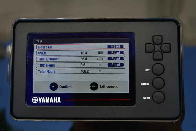 Slide: The Image of Yamaha display showing trip data on a 2020 Pursuit C 238 Center Console boat. - 12
