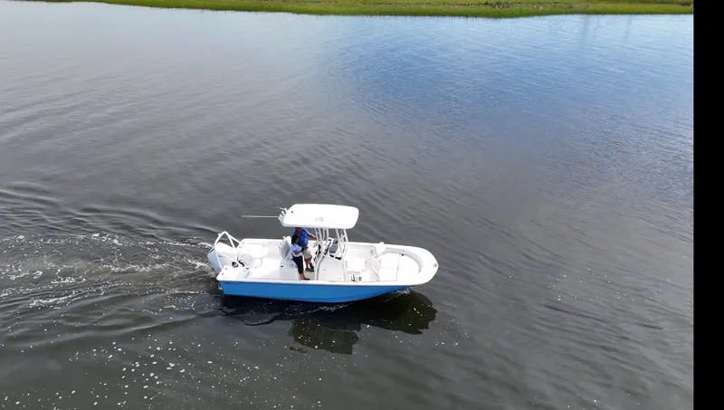 Slide: The Image of A 2027 Boston Whaler 210 Montauk cruising on calm water with green shoreline in the background. - 17