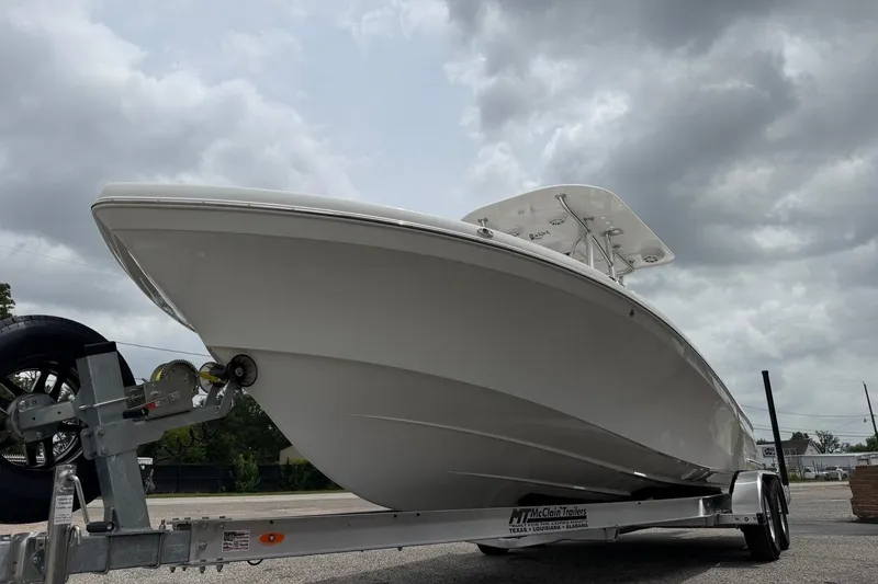 Slide: The Image of 2026 BlackJack 256 Coastal boat on trailer under cloudy sky. - 5