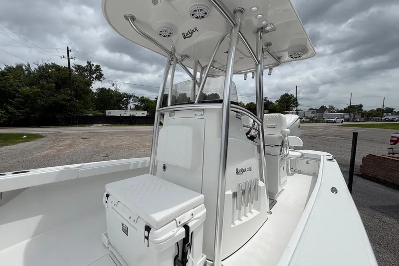 Slide: The Image of 2026 BlackJack 256 Coastal boat with T-top and seating, parked outdoors under cloudy skies. - 9