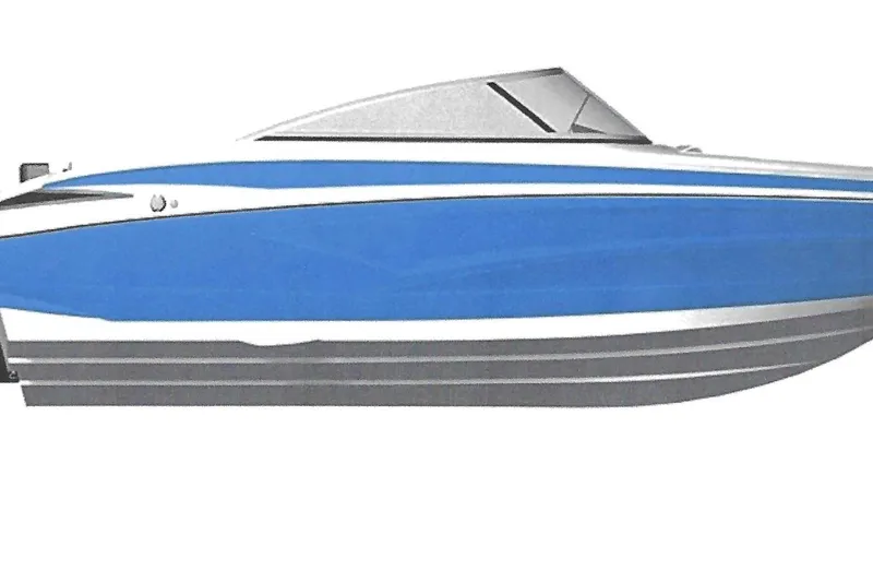 Slide: The Image of 2027 Crownline 220 SS LPX boat, sleek blue and white design, side view. - 3