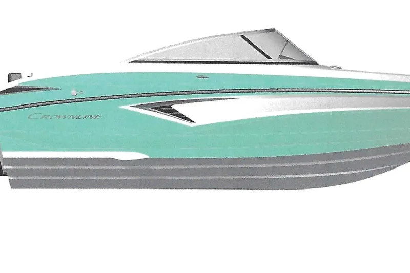 Slide: The Image of 2027 Crownline 220 SS LPX boat, sleek design, turquoise and white color scheme. - 2