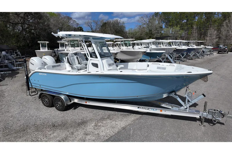 The Image of 2026 Sea Fox 268 Commander boat on trailer, displayed outdoors. - 0