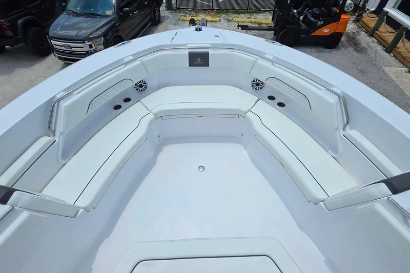 Slide: The Image of 2027 Bertram 39 CC boat interior with spacious seating and modern design. - 21