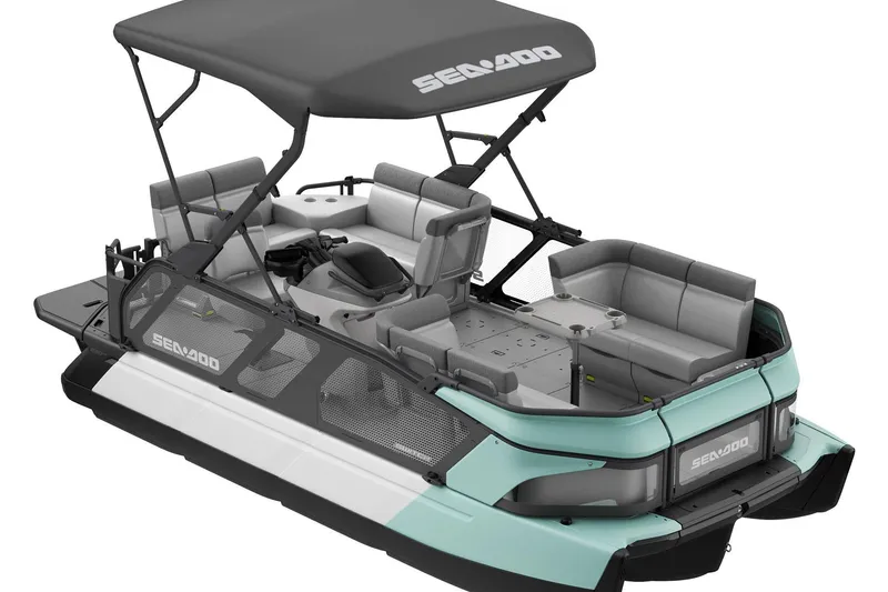 Slide: The Image of 2026 Sea-Doo Switch Cruise 18 pontoon boat with canopy and seating, side view. - 5