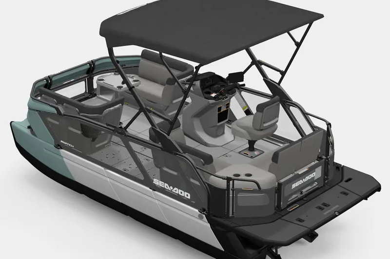 Slide: The Image of 2026 Sea-Doo Switch Cruise 18 pontoon boat with canopy and seating arrangement. - 4