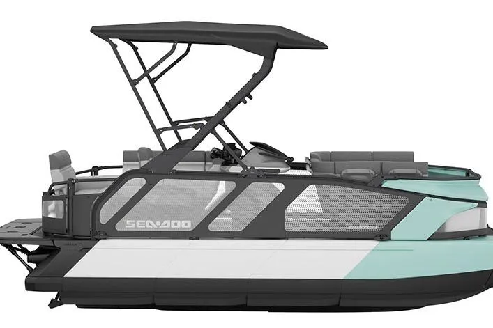 Slide: The Image of 2026 Sea-Doo Switch Cruise 18 pontoon boat with canopy and modern design. - 6