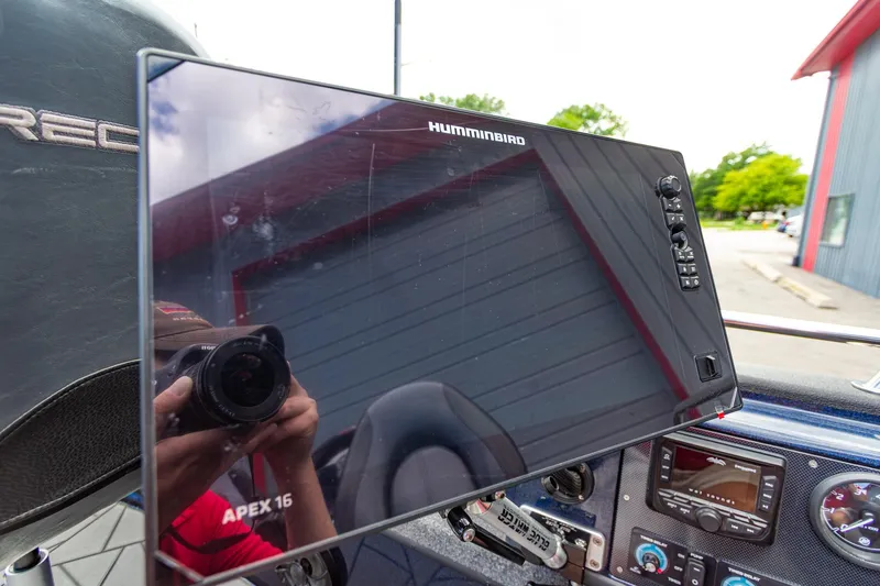 Slide: The Image of Humminbird display on Recon 2085 T boat, 2026 model, with camera reflection. - 18