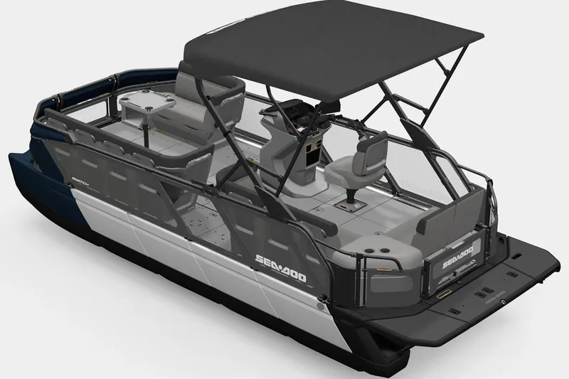 Slide: The Image of 2026 Sea-Doo Switch Cruise 21 pontoon boat with canopy and seating arrangement. - 2