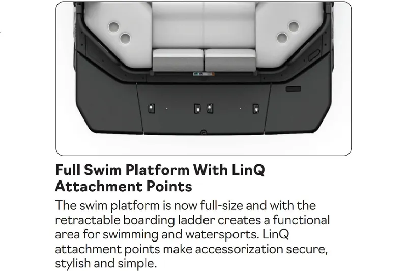 Slide: The Image of 2026 Sea-Doo Switch Cruise 21 swim platform with LinQ attachment points, ideal for watersports. - 11