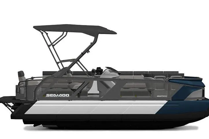 Slide: The Image of 2026 Sea-Doo Switch Cruise 21 pontoon boat with sleek design and canopy. - 3