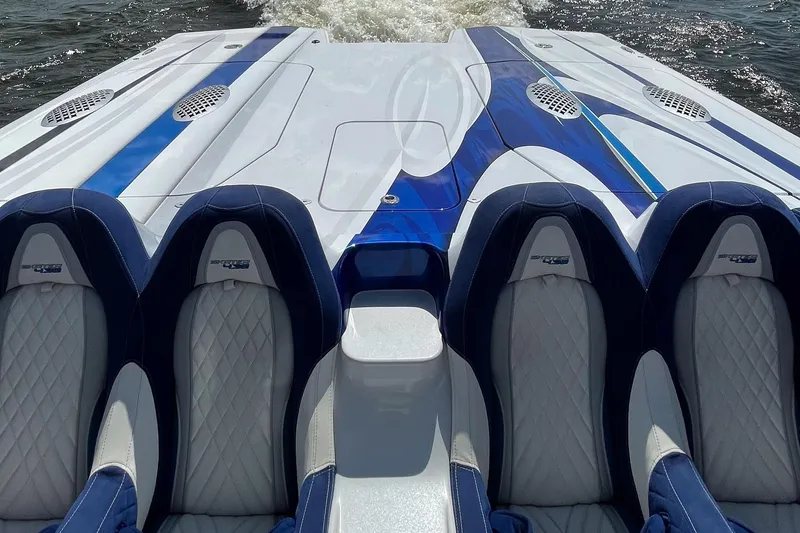 Slide: The Image of Luxury Skater 438 boat interior with blue and white seats, 2020 model. - 18