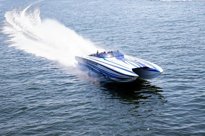 Slide: The Image of High-speed Skater 438 powerboat gliding across water, 2020 model. - 27