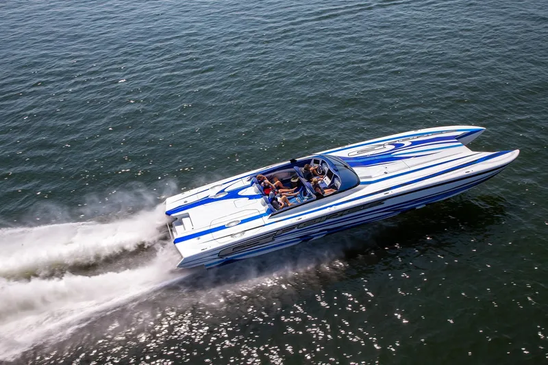 Slide: The Image of High-speed Skater 438 powerboat cruising on open water, 2020 model. - 0