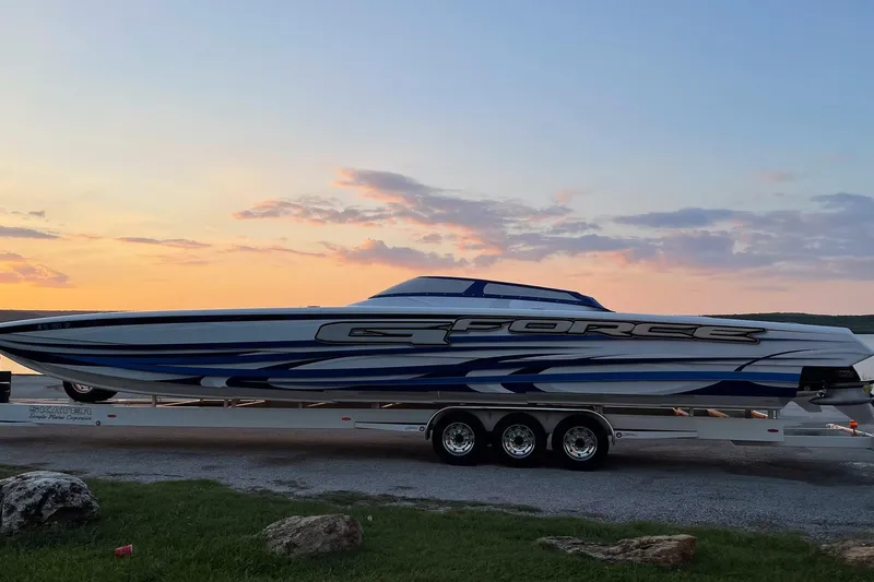 Slide: The Image of High-performance Skater 438 boat on trailer at sunset, 2020 model. - 29