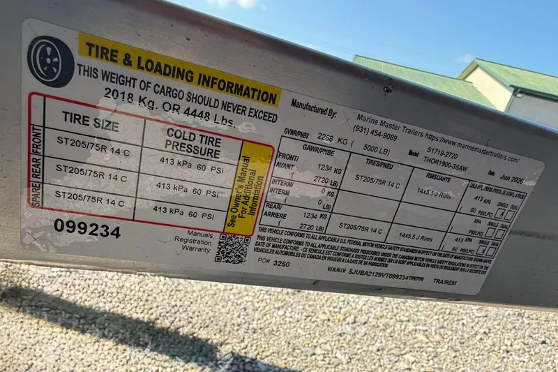 Slide: The Image of Tire and loading information label on Thor LH1900SC, 2027 model, showing weight and pressure details. - 12