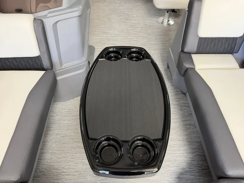 Slide: The Image of Interior of the 2027 Sylvan R-22 CLZ DH with gray and white seating and a black table. - 5