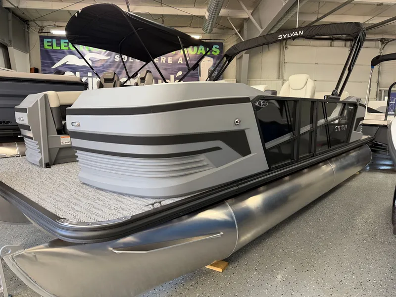The Image of Sylvan R-22 CLZ DH 2027: Sleek pontoon boat with modern design, gray hull, and black railing. - 0