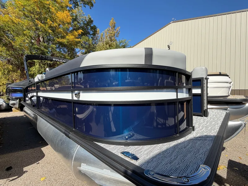 Slide: The Image of Sylvan X5 DLZ DH BAR 2027: Sleek pontoon boat with modern design, perfect for leisure activities. - 2