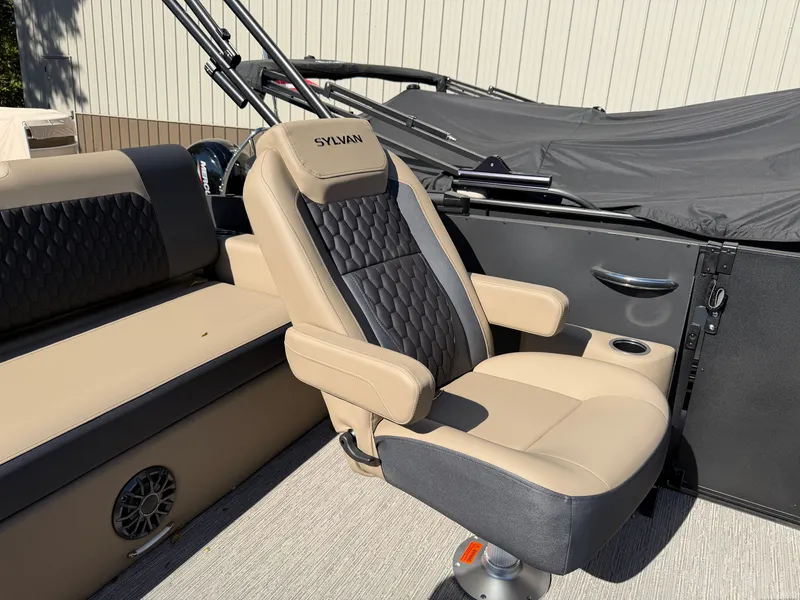 Slide: The Image of The 2027 Sylvan X3 ULZ features a luxurious, upholstered captain's chair with an elegant design. - 23