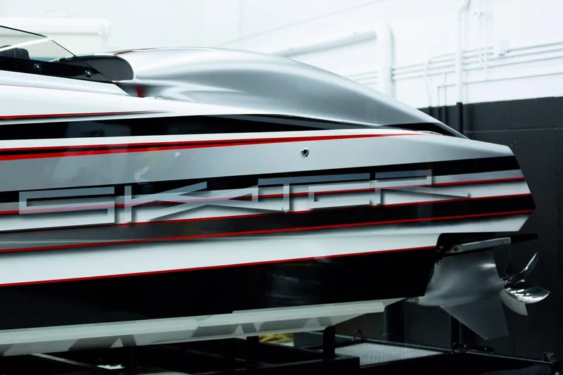 Slide: The Image of Sleek Skater 368 boat, 2020 model, featuring modern design and bold stripes. - 8
