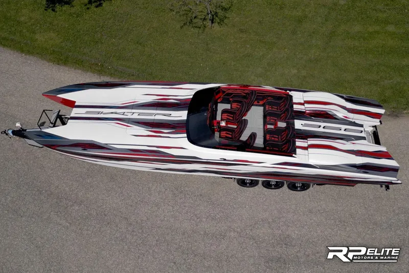 Slide: The Image of Aerial view of 2024 Skater 368 speedboat with sleek red and white design. - 41