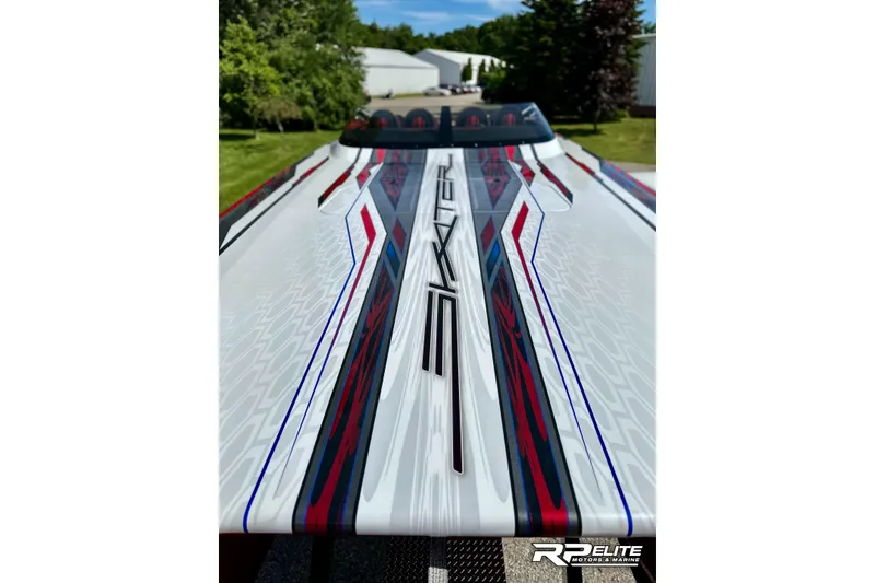 Slide: The Image of 2024 Skater 368 boat with sleek, colorful graphics and modern design. - 11