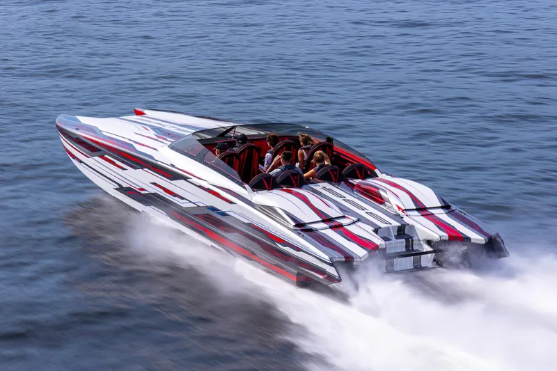 The Image of 2024 Skater 368 speedboat racing on water, featuring sleek design and vibrant graphics. - 0