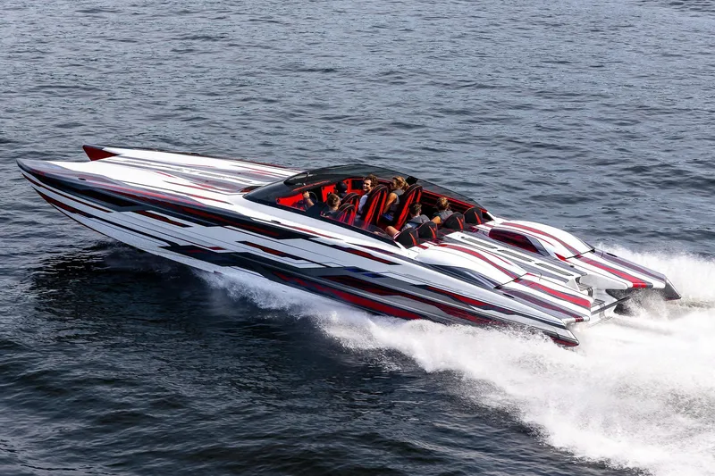 Slide: The Image of 2024 Skater 368 speedboat cruising on water, featuring sleek design and vibrant colors. - 2
