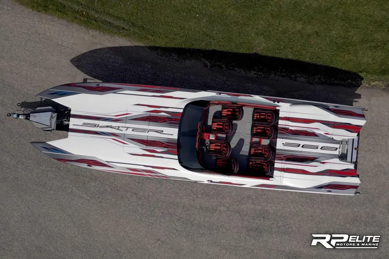 Slide: The Image of Aerial view of 2024 Skater 368 speedboat with sleek design and vibrant graphics. - 42