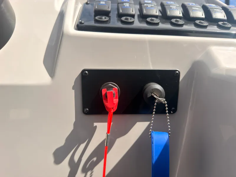 Slide: The Image of Close-up of a boat panel with switches and a red safety lanyard. - 40